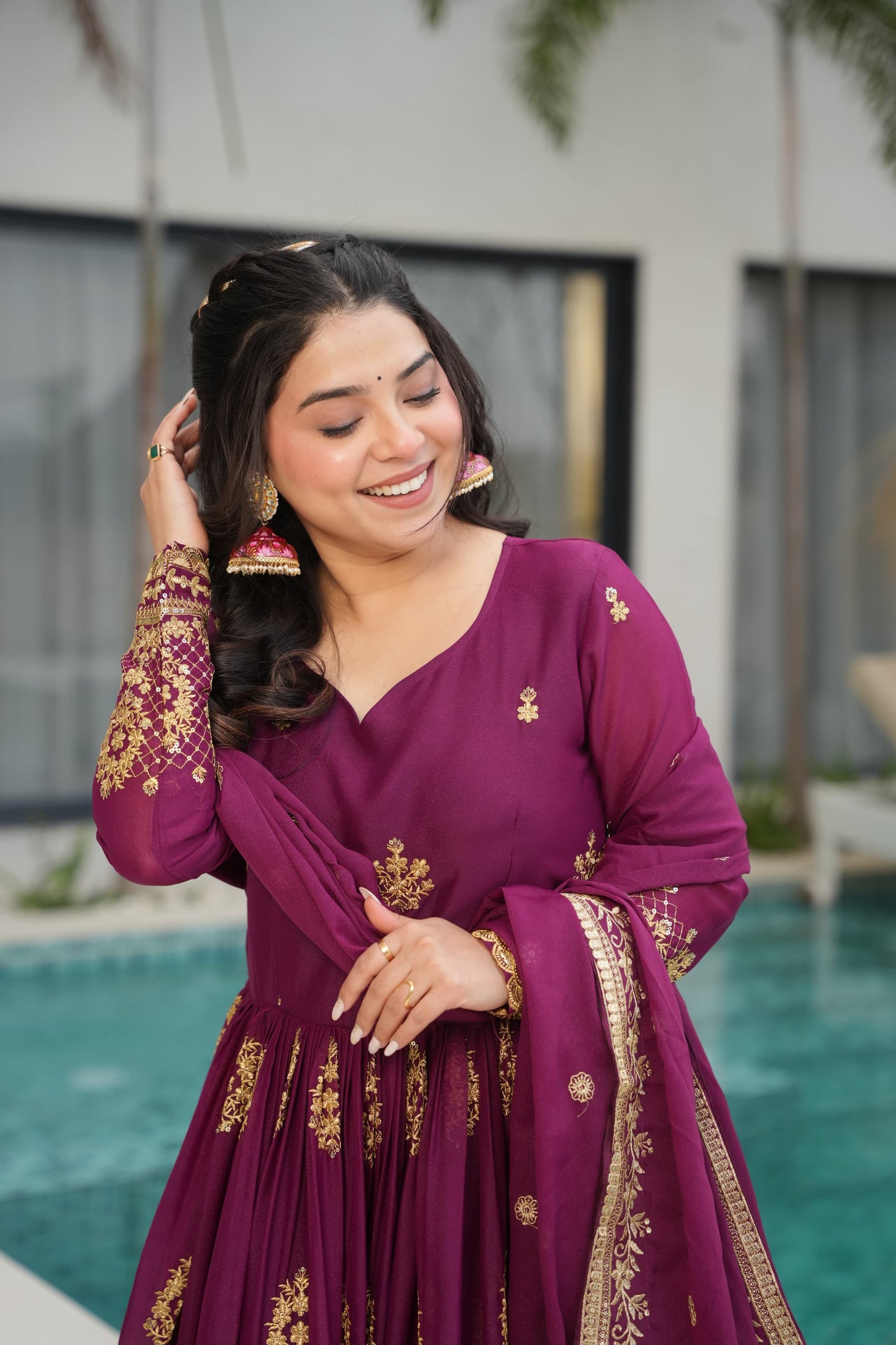 Designer Readymade Gown in Georgette Fabric in Purple Color