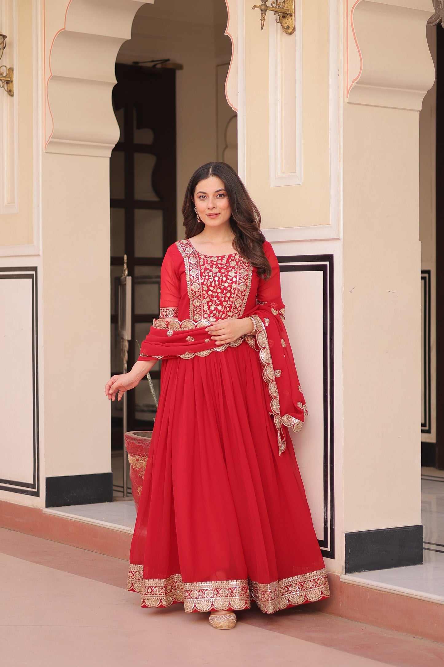 red Rama Colour Beautiful Fancy Partywear Gown