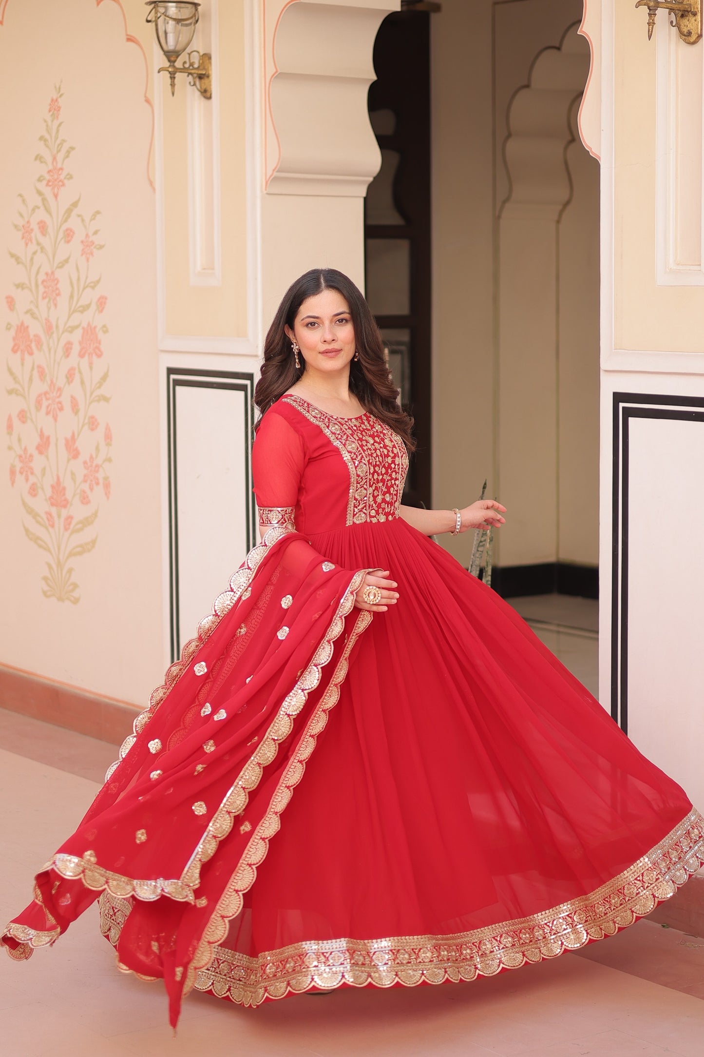 red Rama Colour Beautiful Fancy Partywear Gown