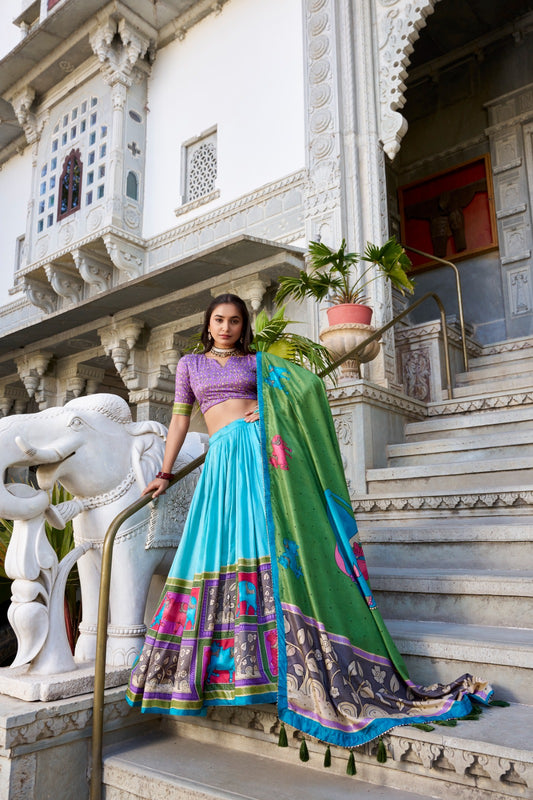 Lehenga Choli Draped In Tradition, Shining In Silk sky blue color