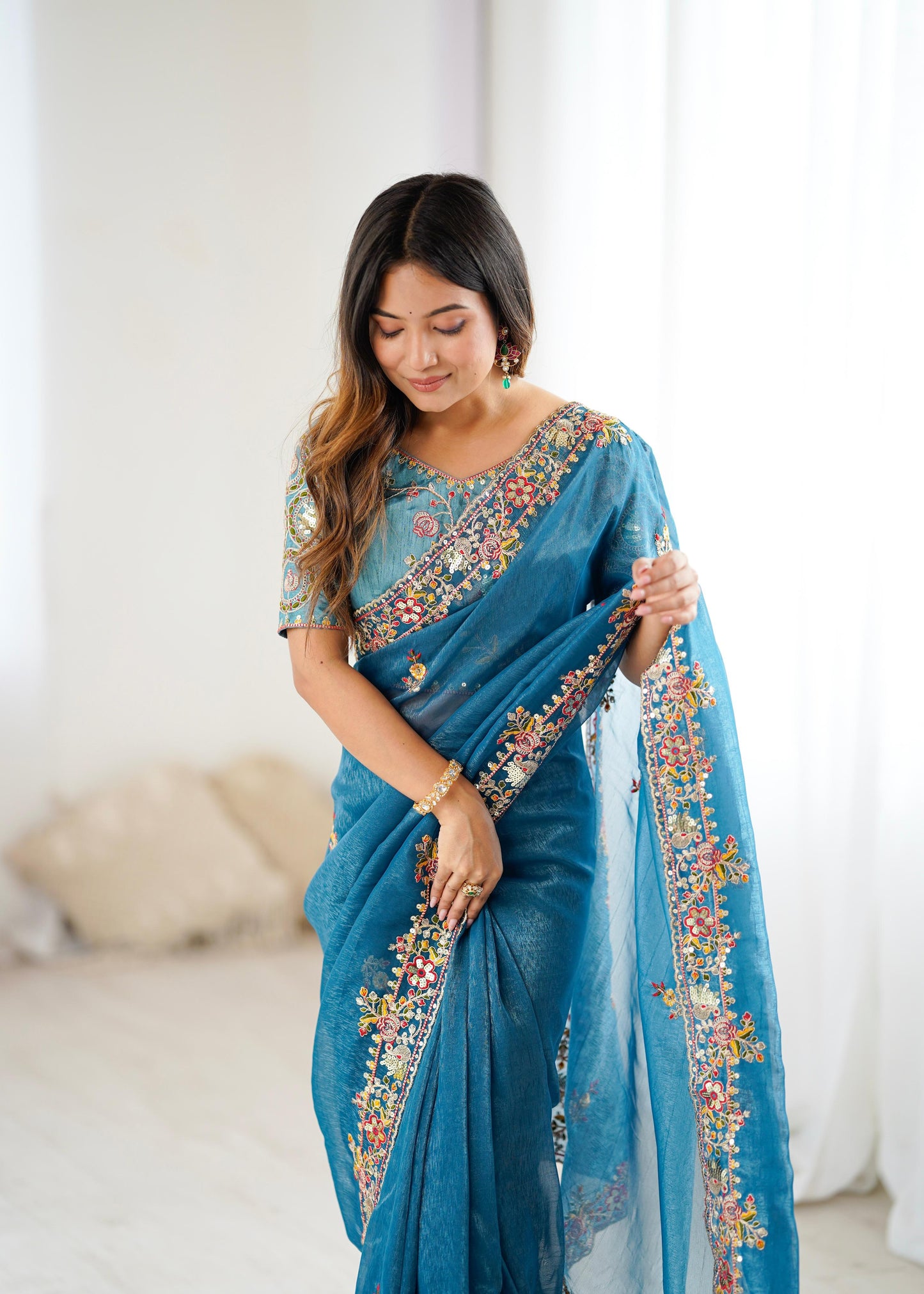 Blue Color Beautiful Silk Fabric Saree