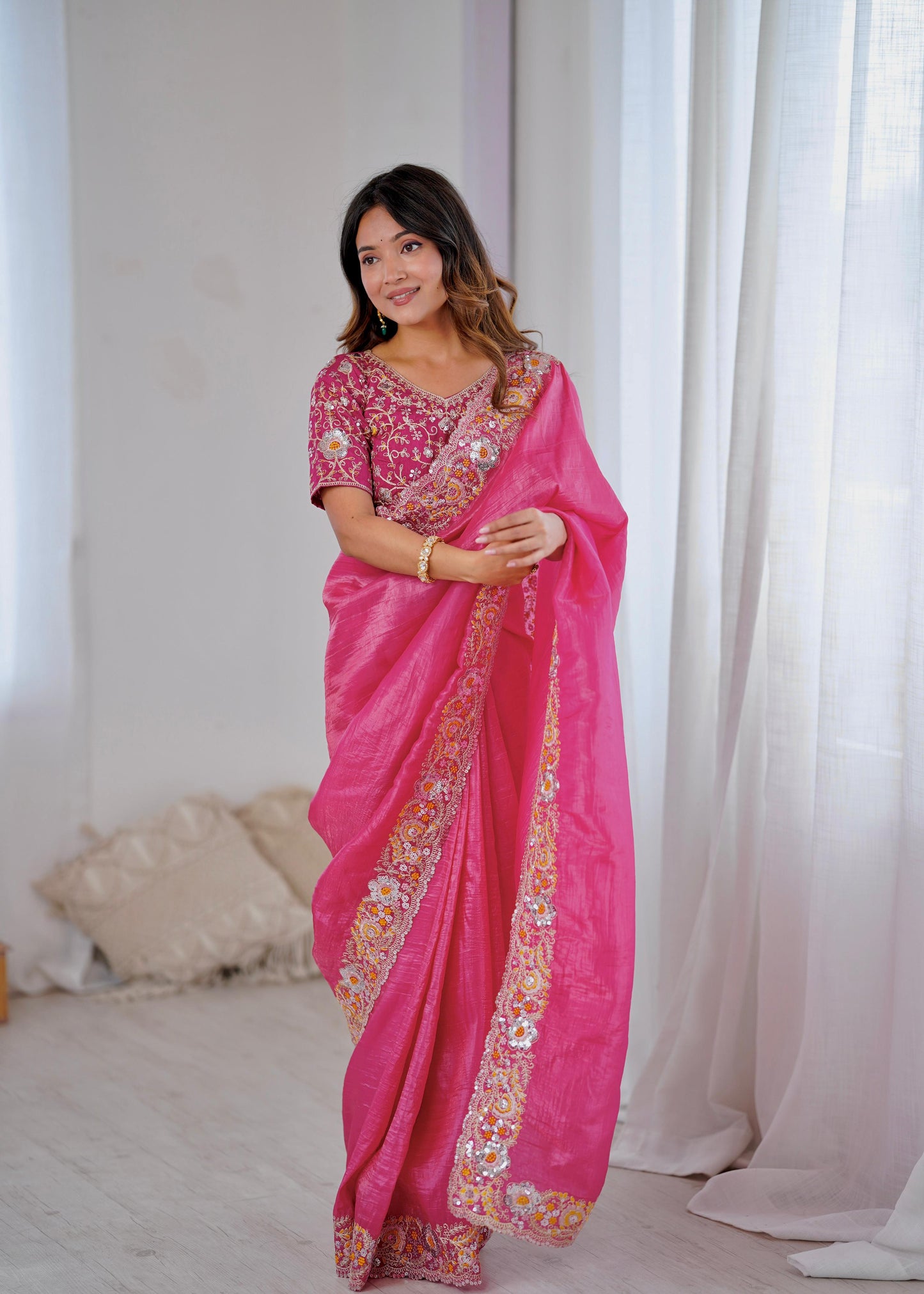 Pink Color Beautiful Silk Fabric Saree