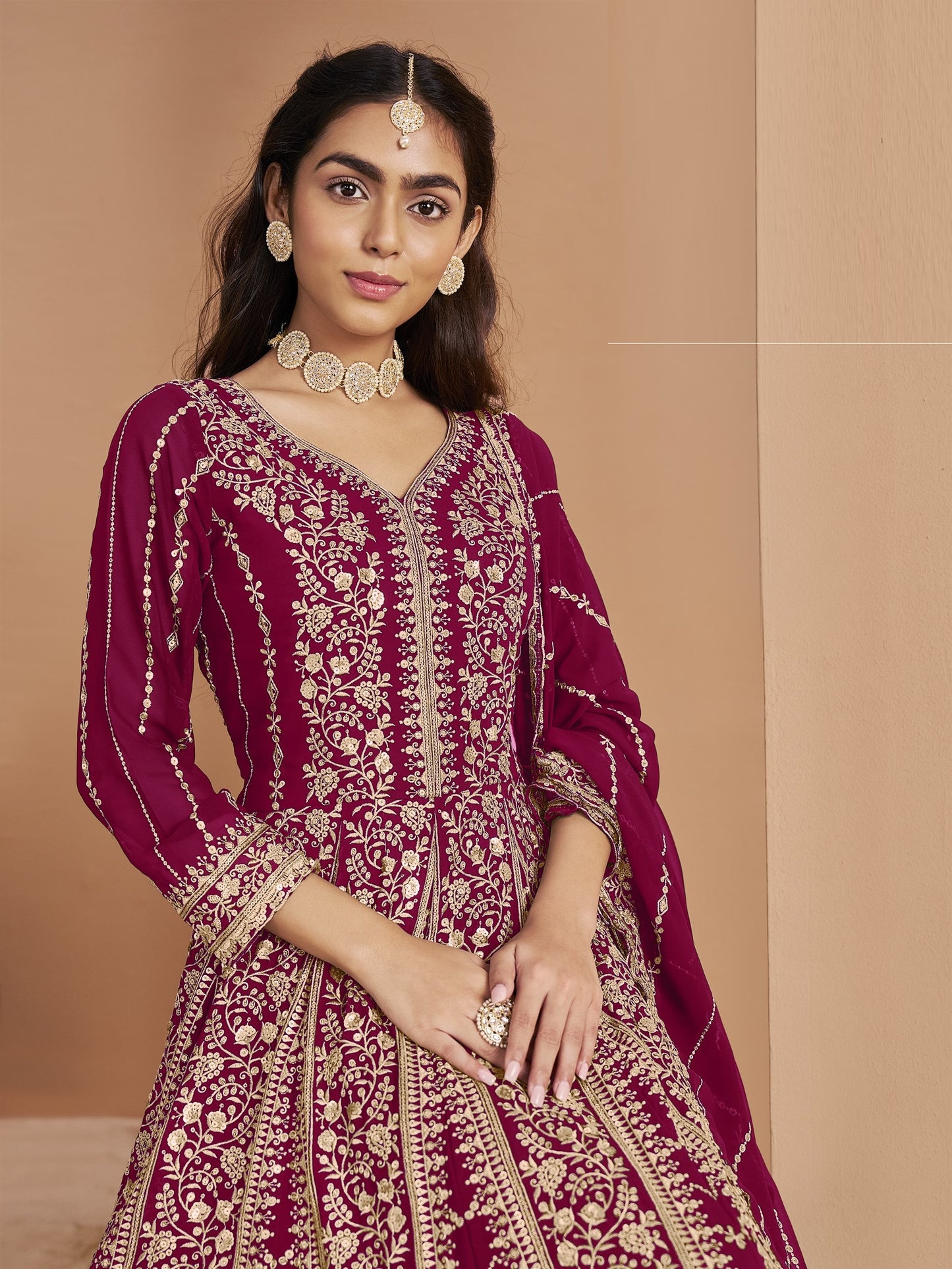 Maroon pink Color Beautiful Georgette Anarkali Suit For upcoming Wedding