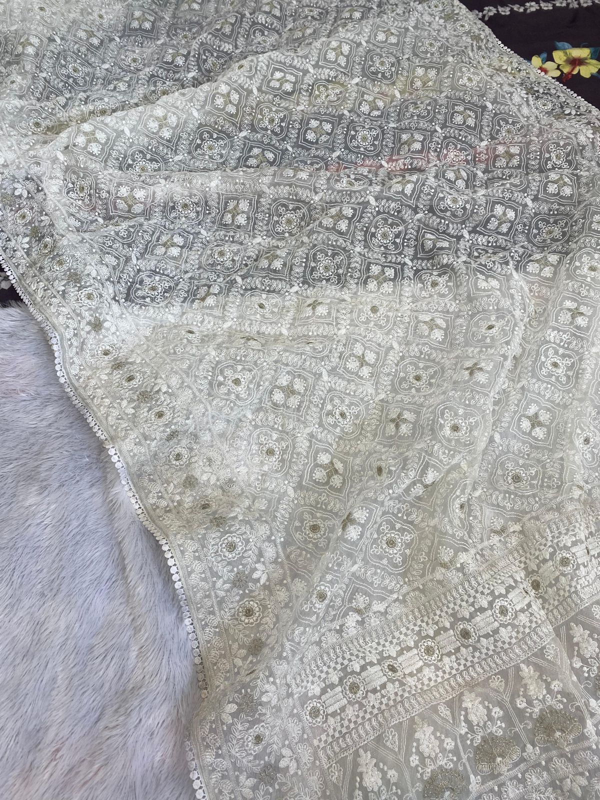 Off White Silk Organza Saree With Lucknowi & Silver Zari work