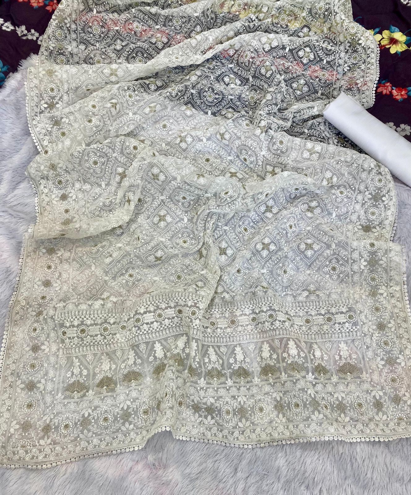 Off White Silk Organza Saree With Lucknowi & Silver Zari work