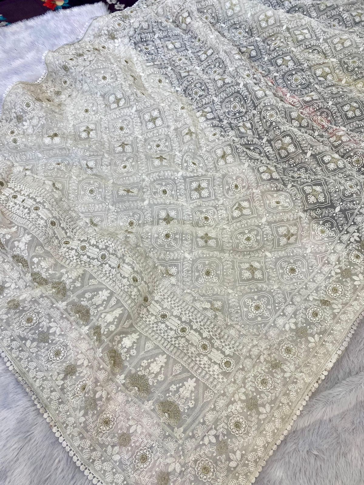 Off White Silk Organza Saree With Lucknowi & Silver Zari work
