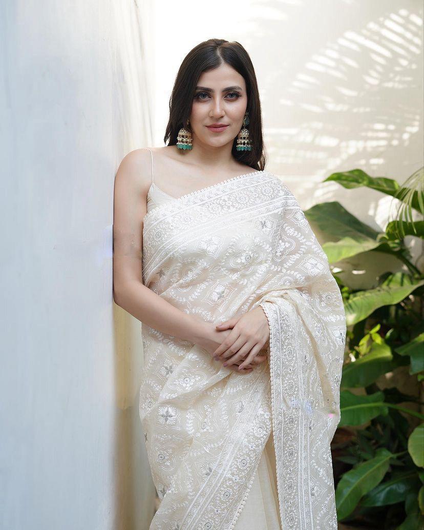 Off White Silk Organza Saree With Lucknowi & Silver Zari work