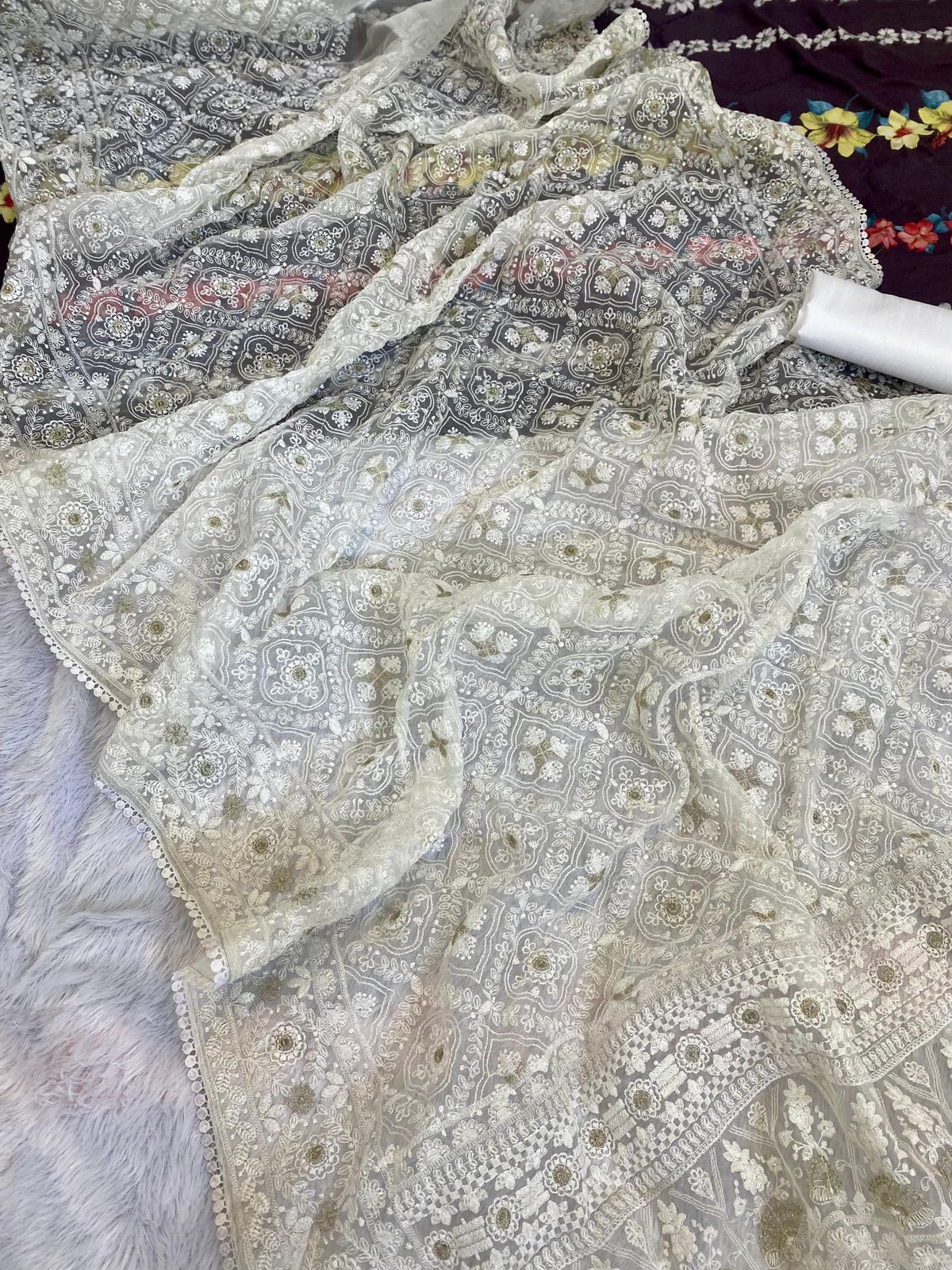 Off White Silk Organza Saree With Lucknowi & Silver Zari work