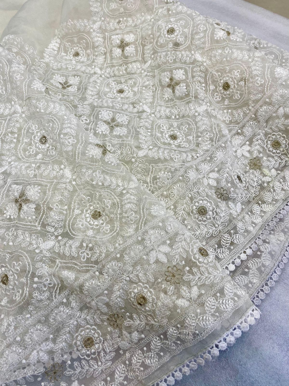 Off White Silk Organza Saree With Lucknowi & Silver Zari work