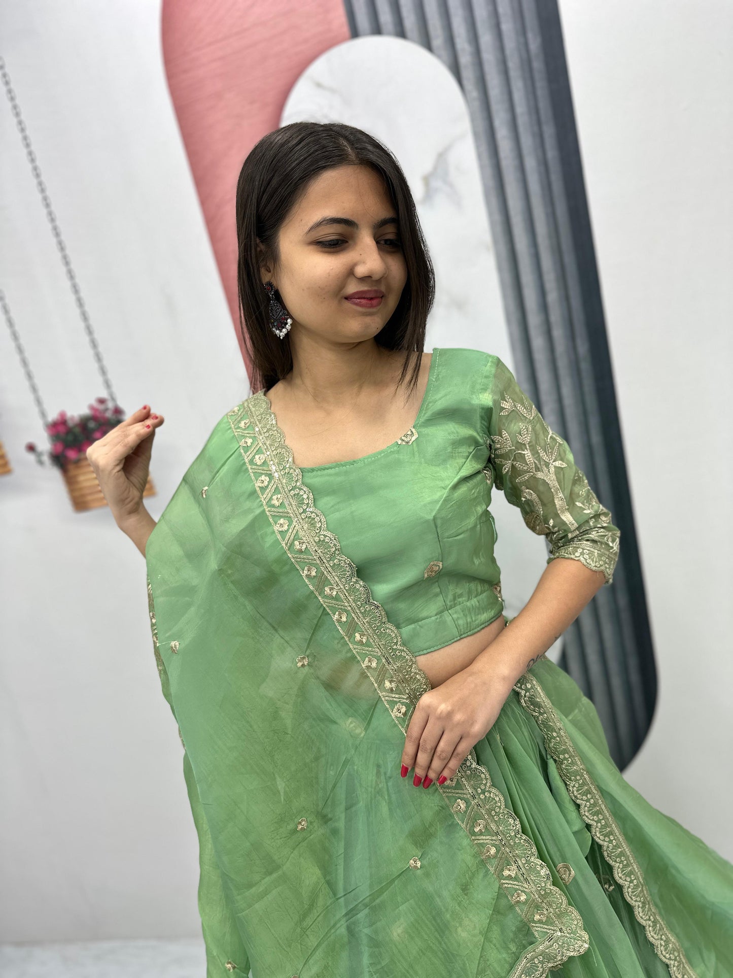 Festival Lehenga Choli in green color in crush fabric