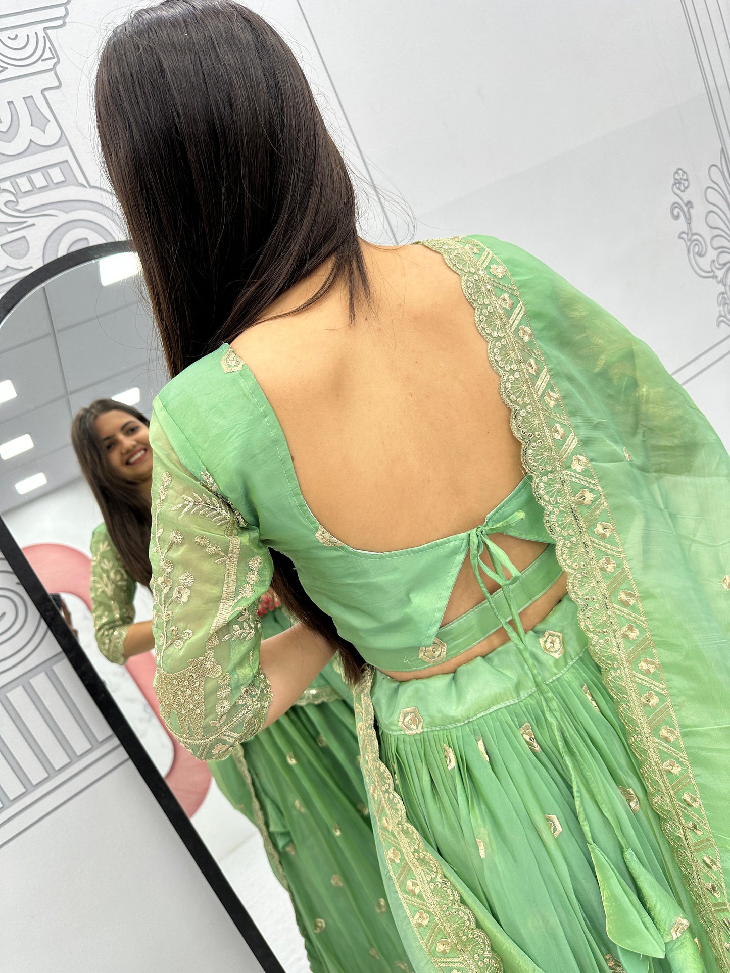 Festival Lehenga Choli in green color in crush fabric
