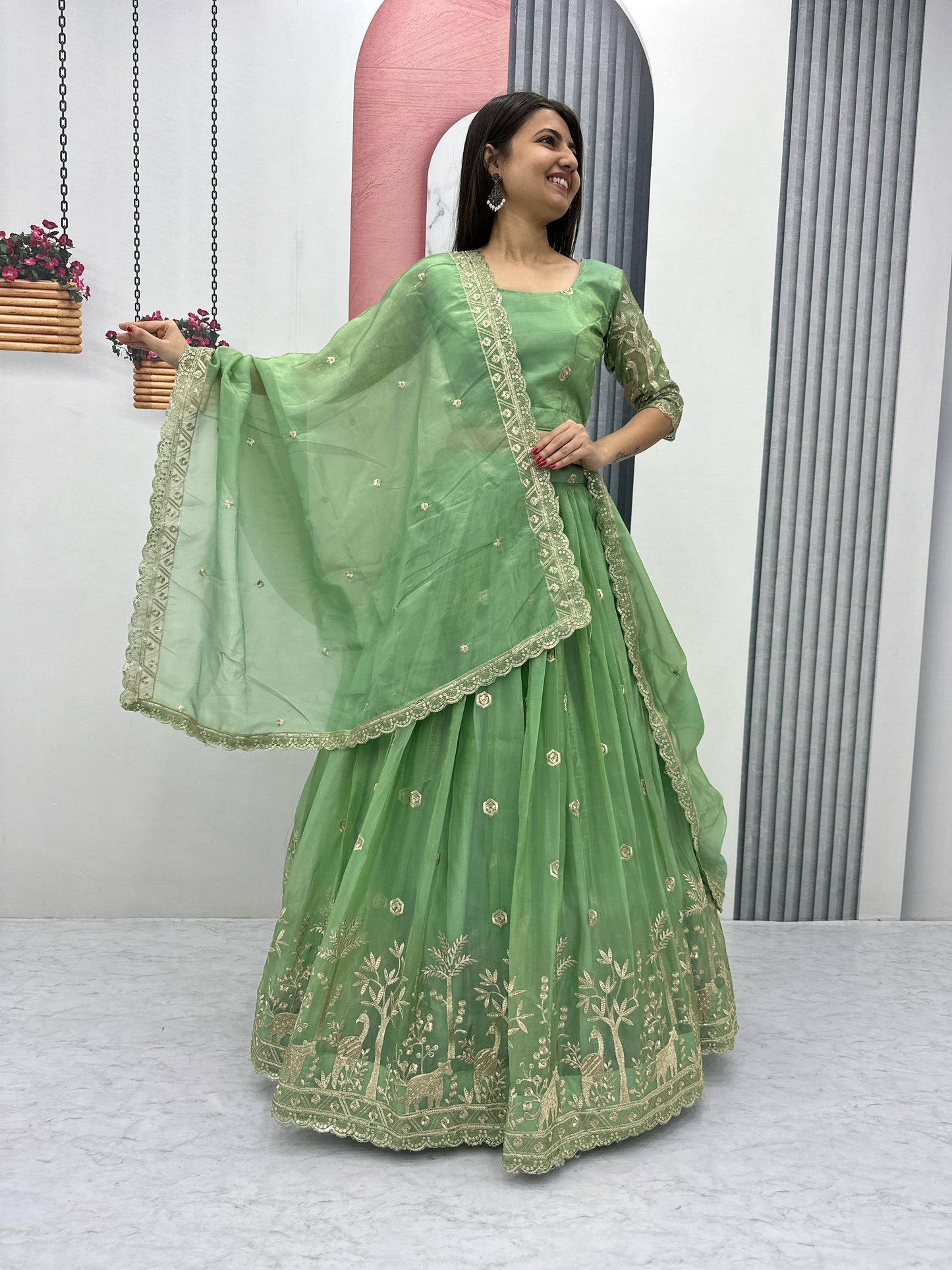 Festival Lehenga Choli in green color in crush fabric