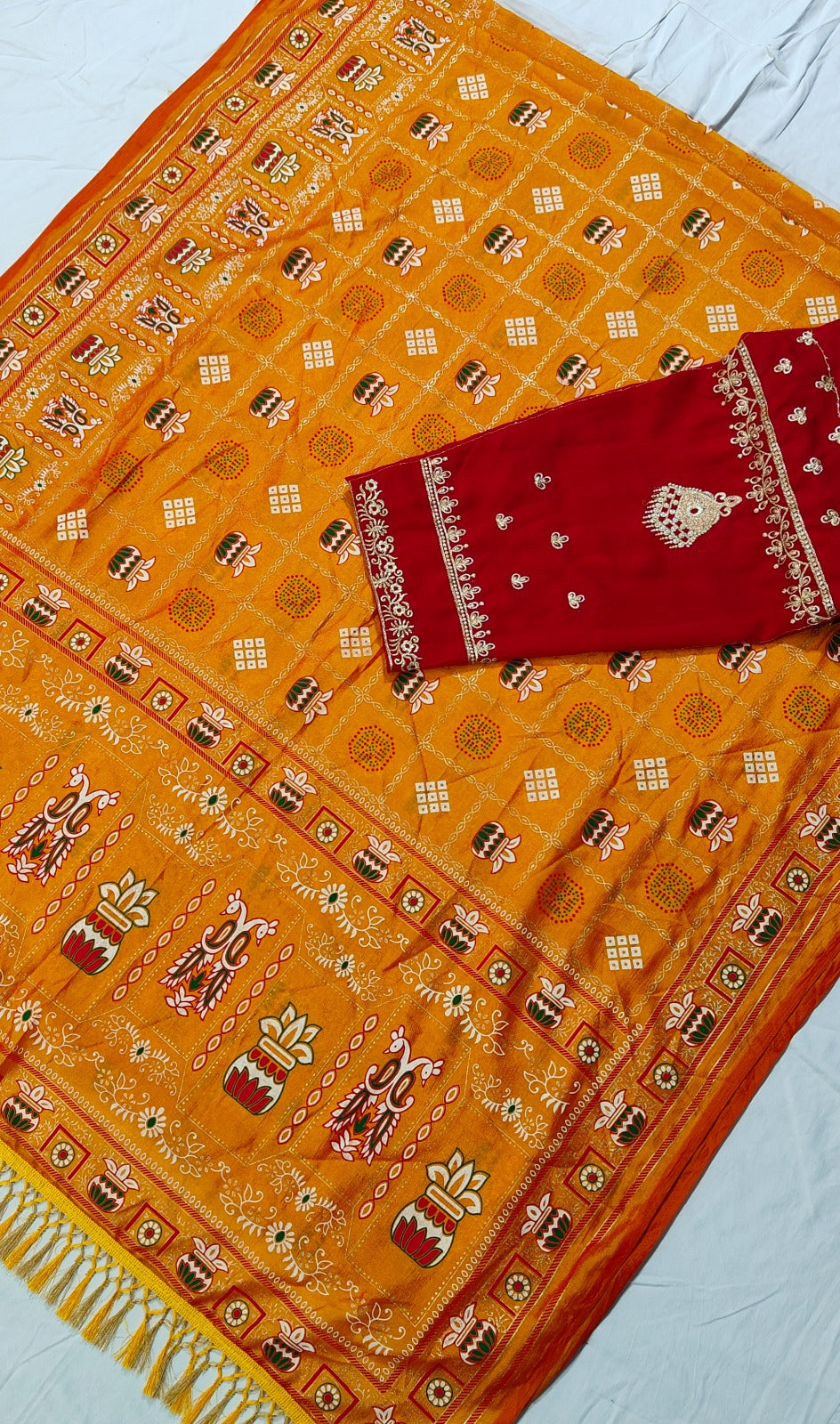 Bandhani Print Patola Saree in Vichitra Silk fabric in yellow color