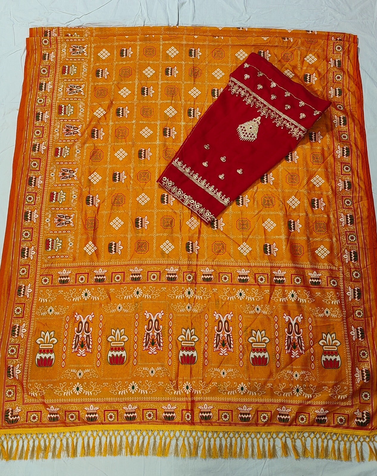 Bandhani Print Patola Saree in Vichitra Silk fabric in yellow color