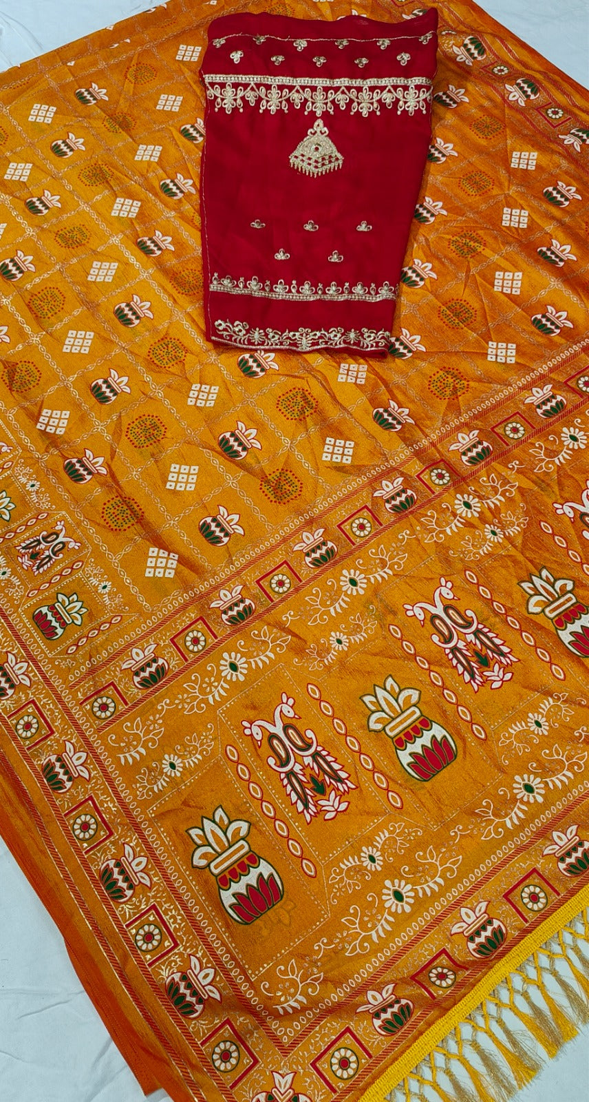 Bandhani Print Patola Saree in Vichitra Silk fabric in yellow color