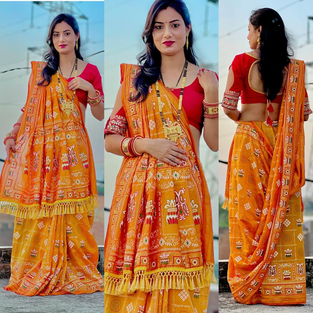 Bandhani Print Patola Saree in Vichitra Silk fabric in yellow color