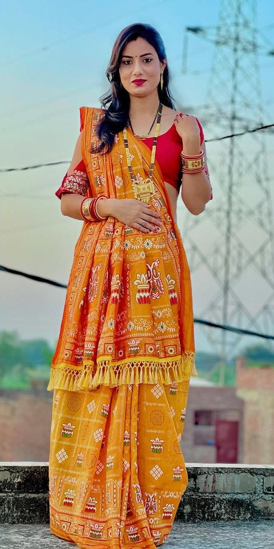 Bandhani Print Patola Saree in Vichitra Silk fabric in yellow color