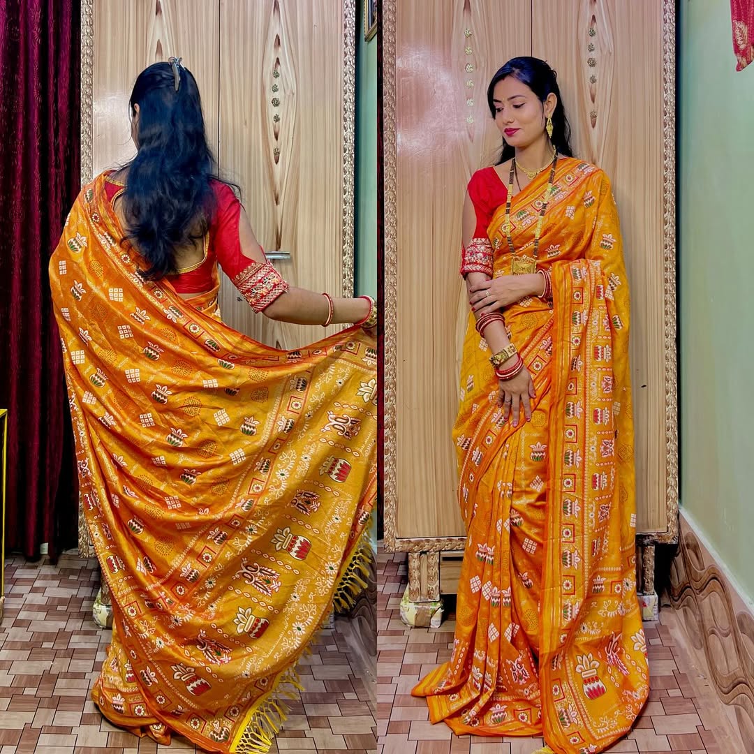 Bandhani Print Patola Saree in Vichitra Silk fabric in yellow color