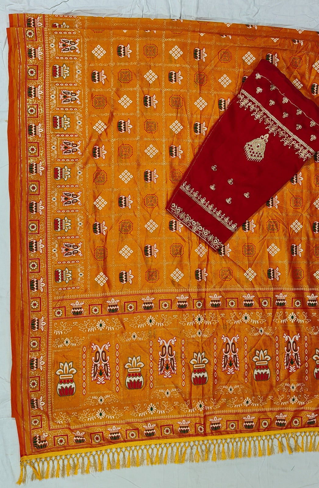 Bandhani Print Patola Saree in Vichitra Silk fabric in yellow color