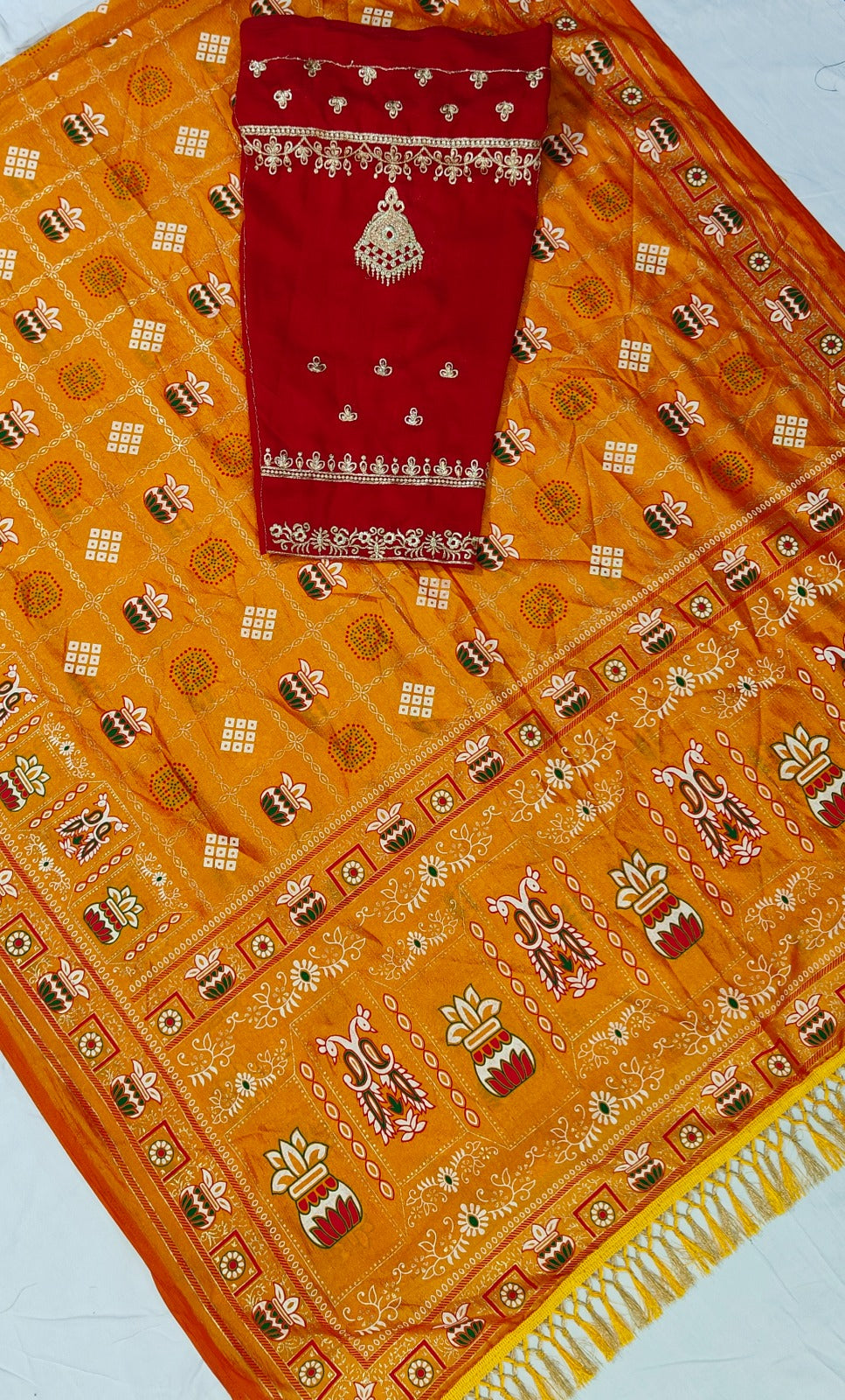 Bandhani Print Patola Saree in Vichitra Silk fabric in yellow color