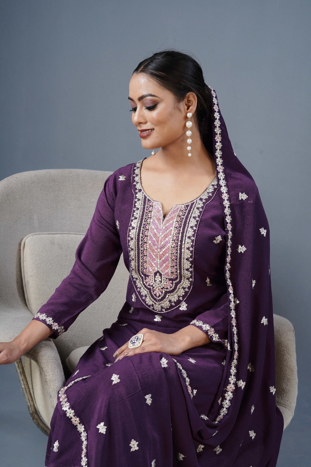 Chinon Fabric Partywear Dress in purple color