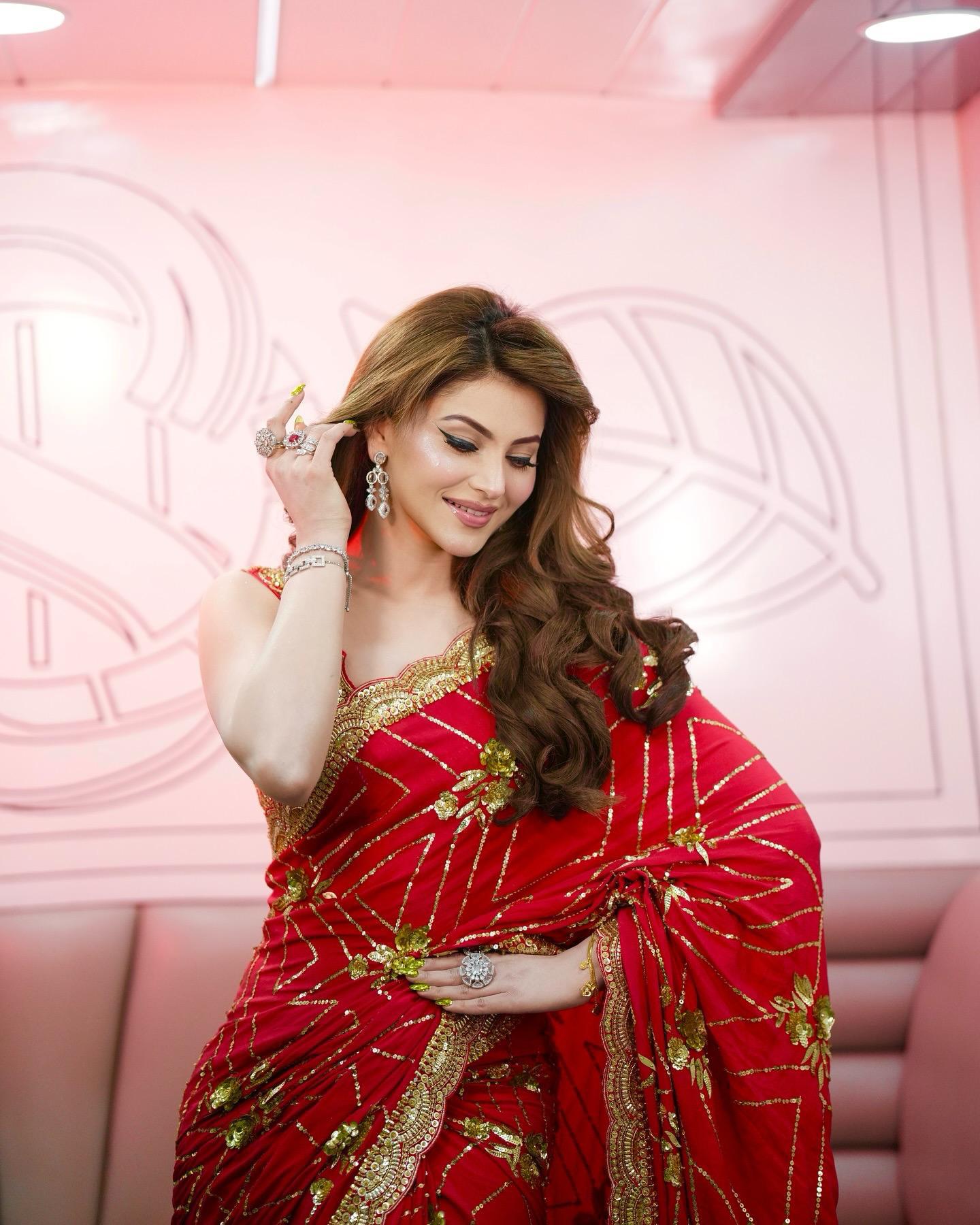 Urvashi Red Color Beautiful Partywear Bollywood Saree
