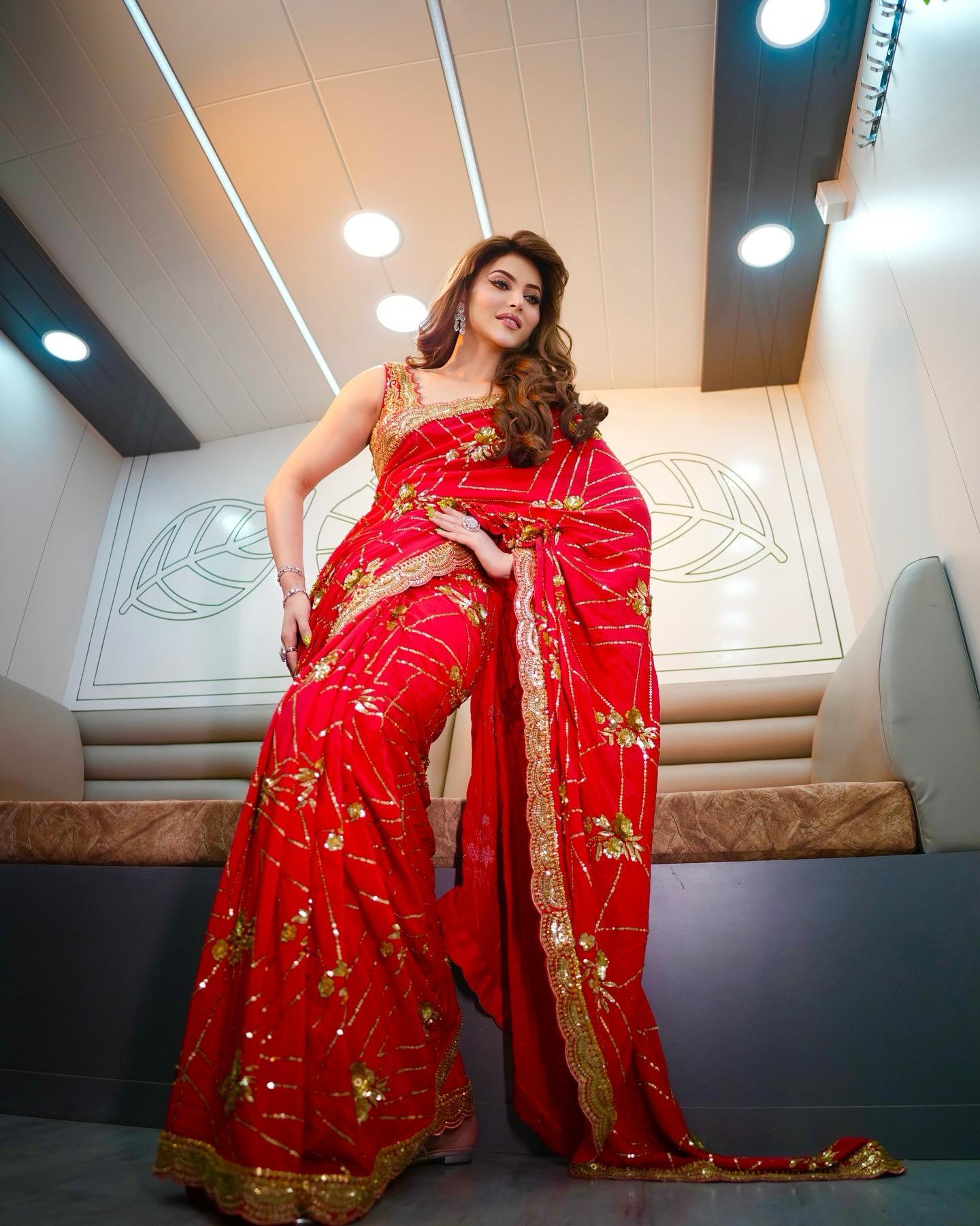 Urvashi Red Color Beautiful Partywear Bollywood Saree