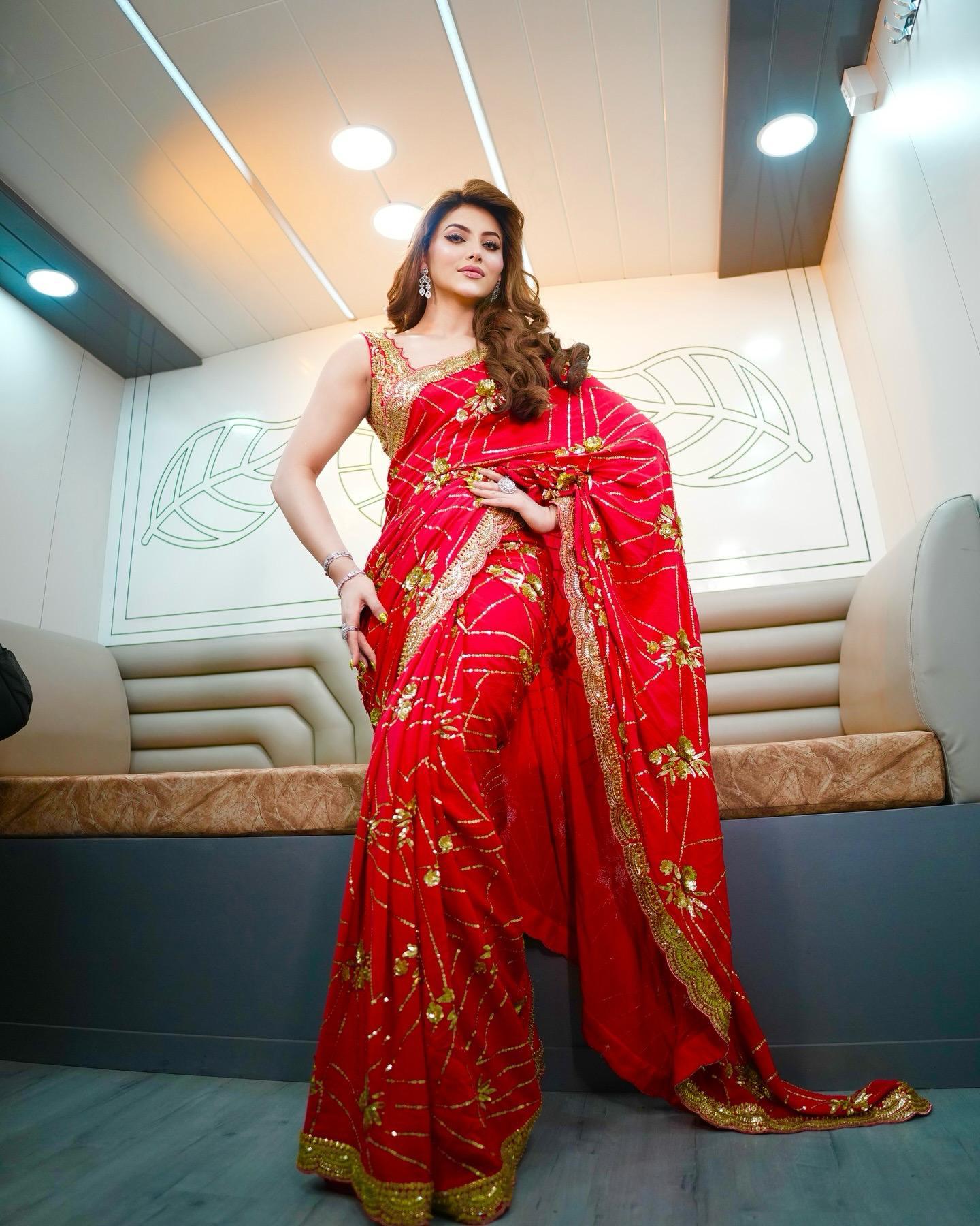 Urvashi Red Color Beautiful Partywear Bollywood Saree