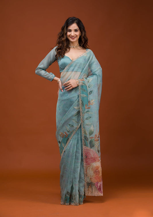 Sky BLue Color Beautiful Soft Tabby Organza Saree