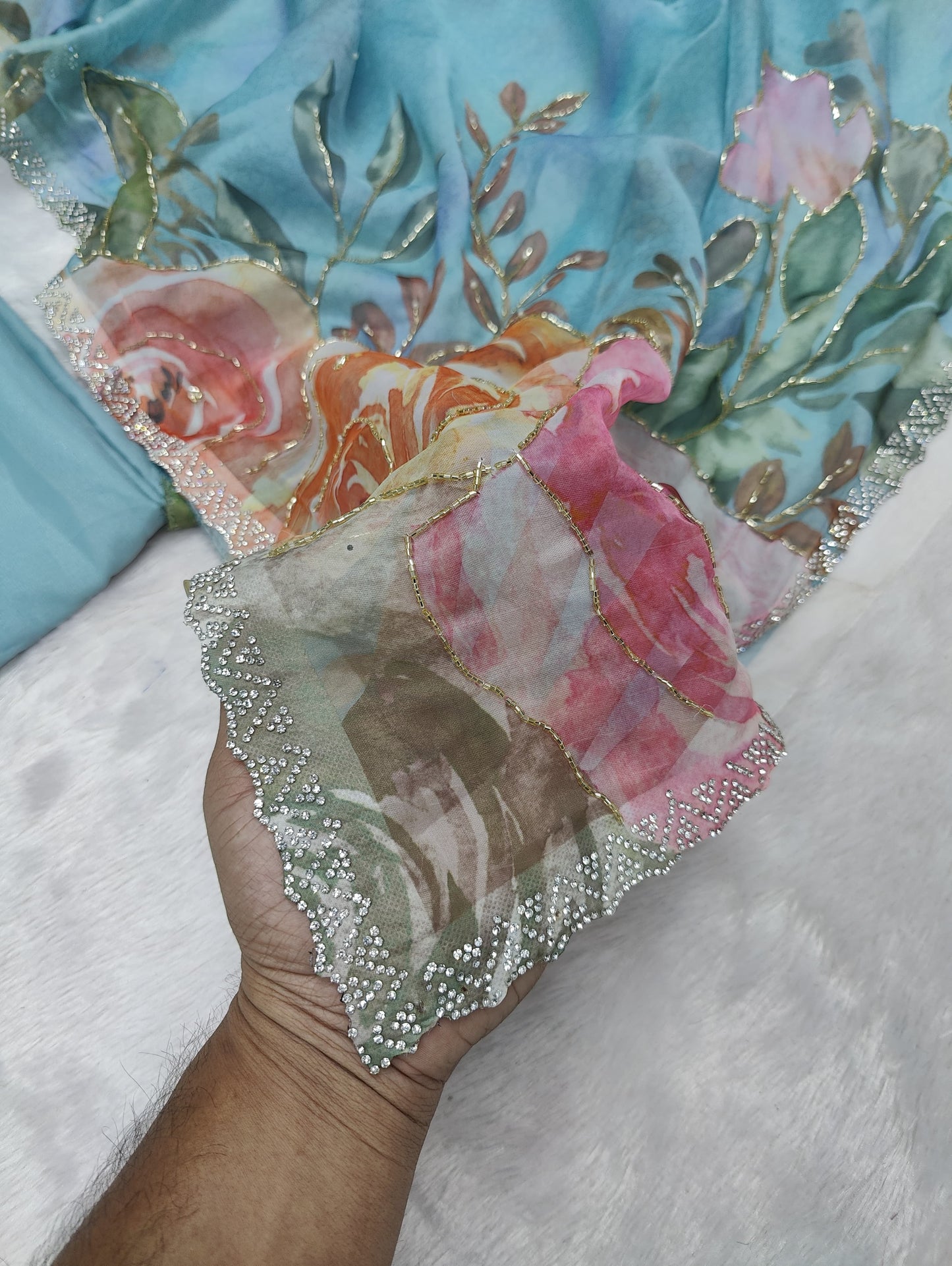 Sky BLue Color Beautiful Soft Tabby Organza Saree