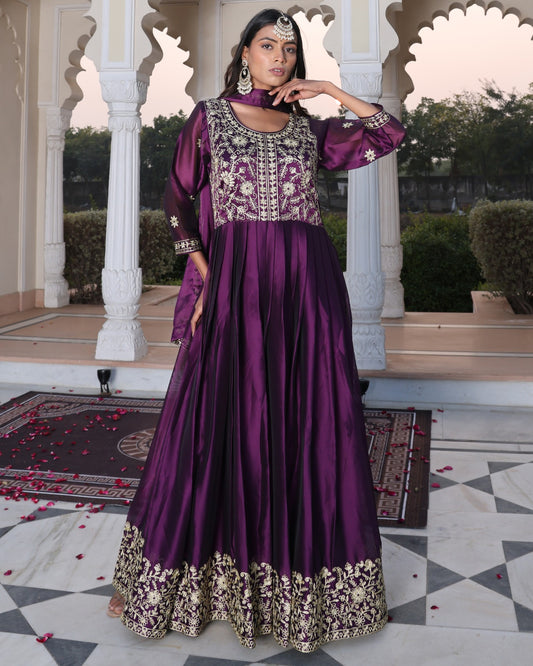 Purple Color Anarkali Gown in Silk Fabric