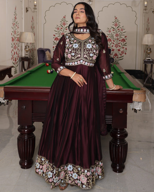 Coffee Color Anarkali Gown in Silk Fabric