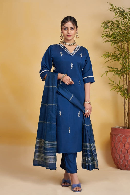 Kurta & Pant Dupatta Set in Silk Fabric In Blue Color
