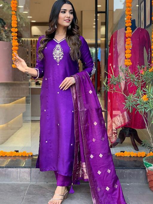 Purple Color Beautiful Summer Wear Dress in Roman Silk Fabric