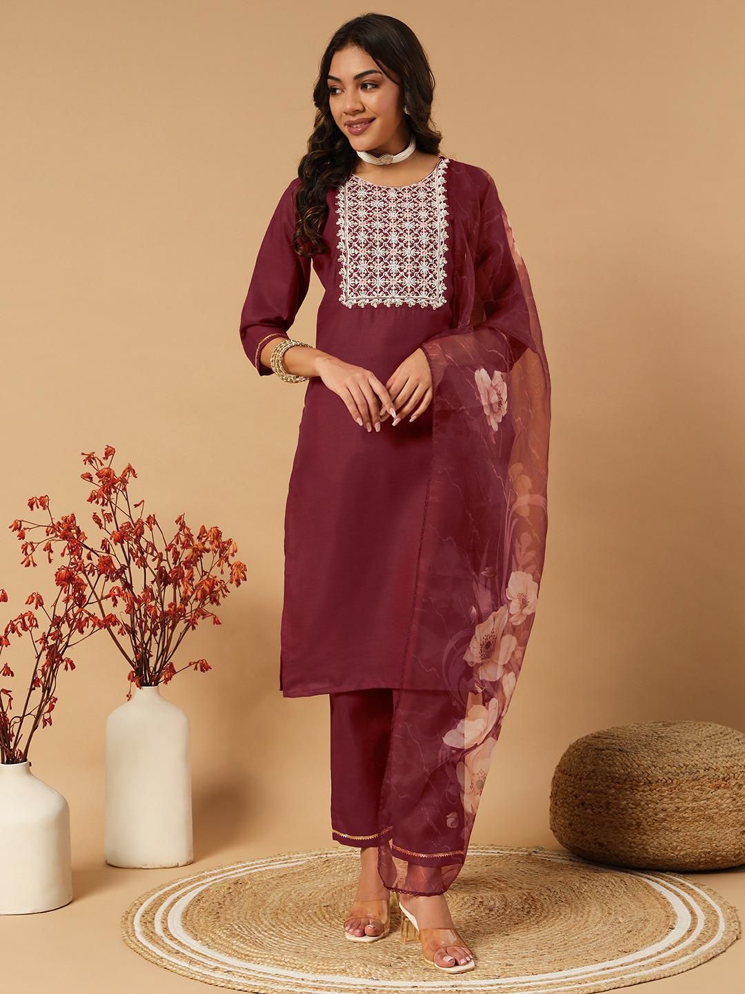 Designers Kurti Pent Dupatta Set for summer wear in brown marron color
