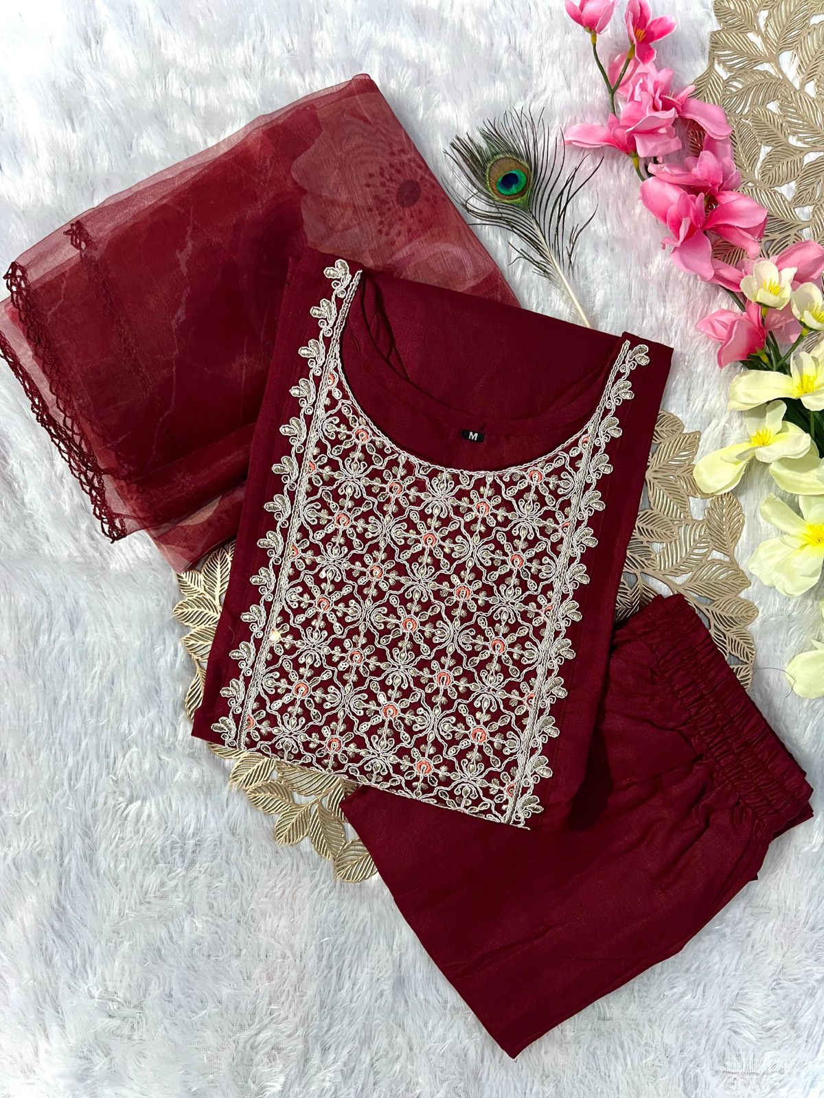 Designers Kurti Pent Dupatta Set for summer wear in brown marron color