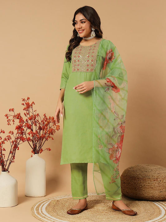 Designers Kurti Pent Dupatta Set for summer wear in green color