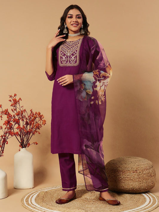 Designers Kurti Pent Dupatta Set for summer wear in purple color