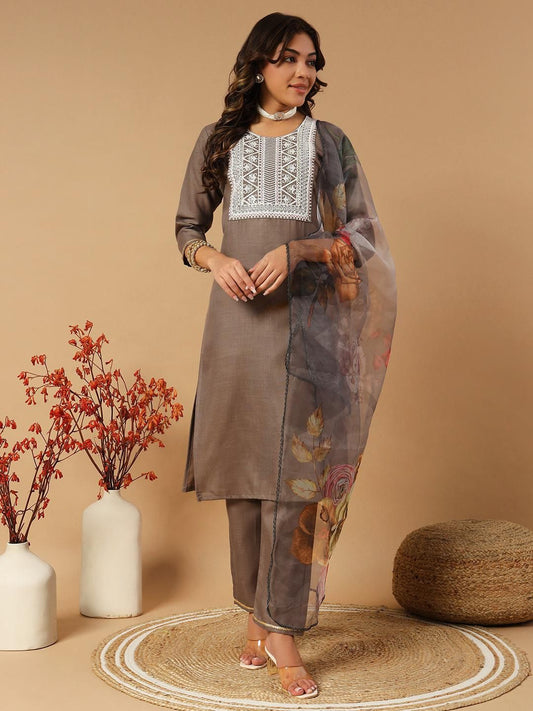 Designers Kurti Pent Dupatta Set for summer wear in grey color