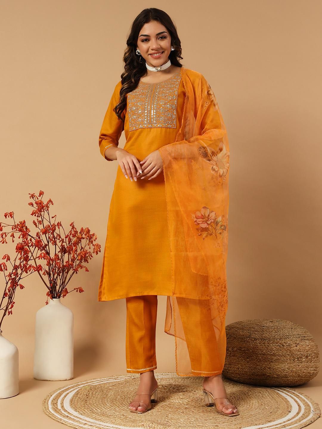 Designers Kurti Pent Dupatta Set for summer wear in orange color