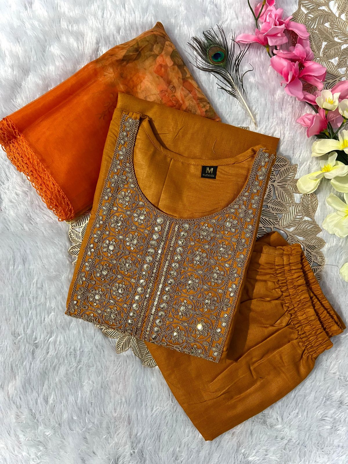 Designers Kurti Pent Dupatta Set for summer wear in orange color