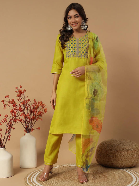 Designers Kurti Pent Dupatta Set for summer wear in light yellow color