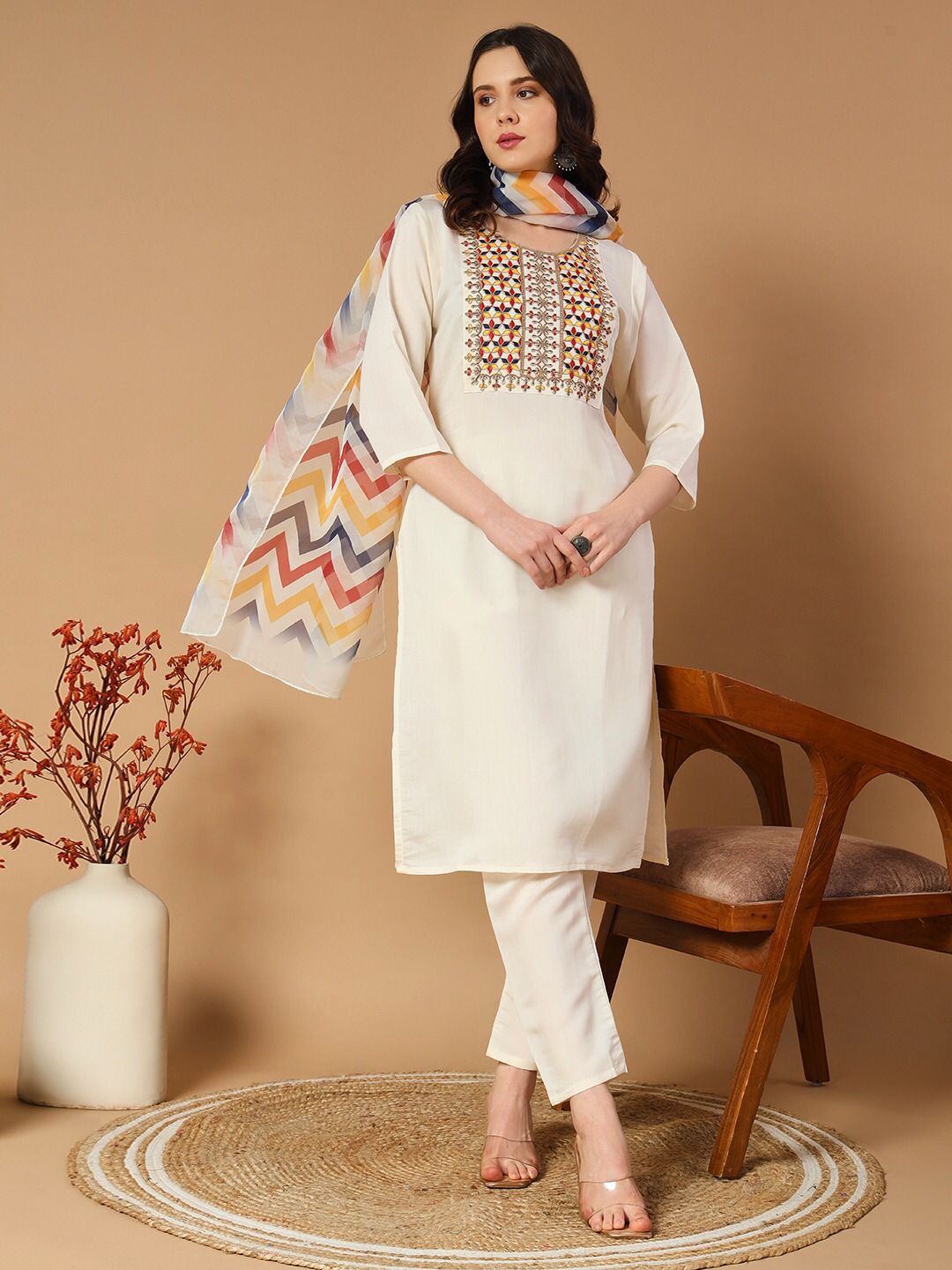 White Cream Color Beautiful Summer Wear Roman Silk Dress