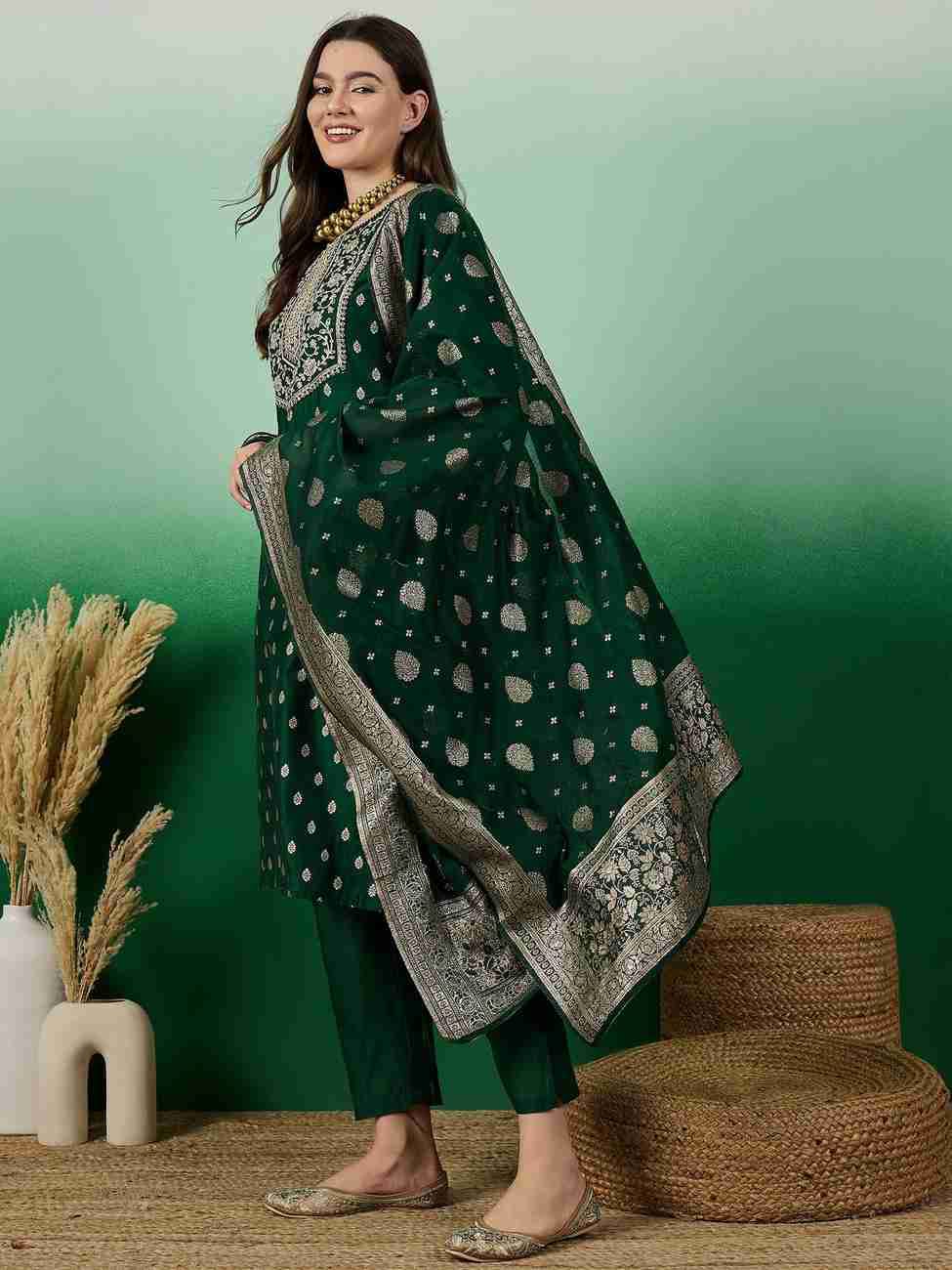 Green Color Beautiful  Jaquard Fabric Suit for summer wear