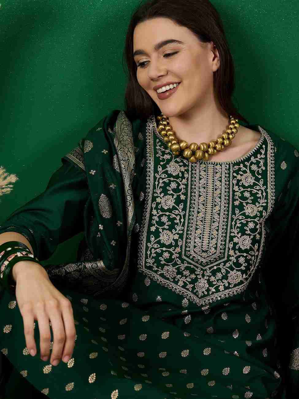 Green Color Beautiful  Jaquard Fabric Suit for summer wear