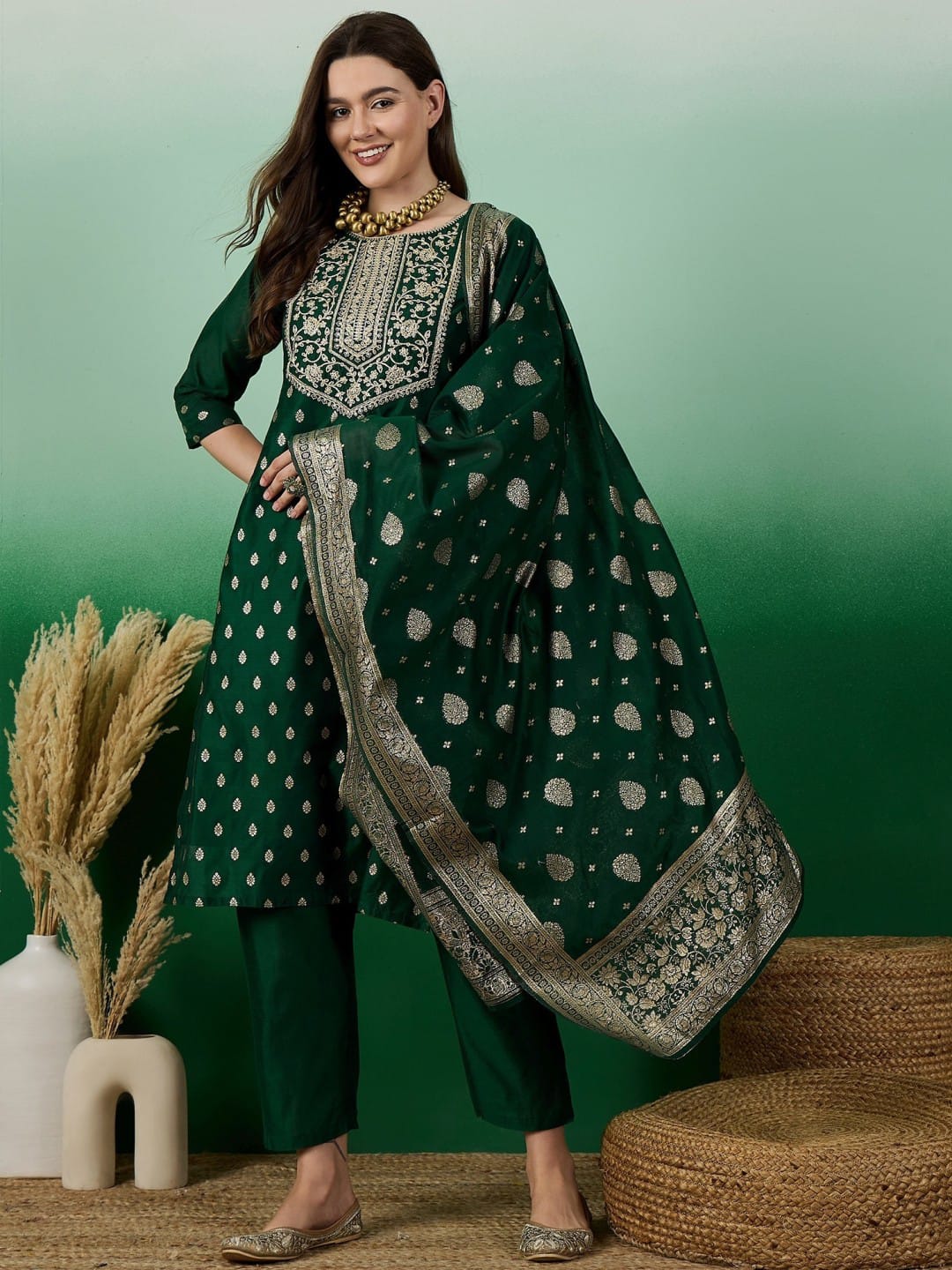 Green Color Beautiful  Jaquard Fabric Suit for summer wear