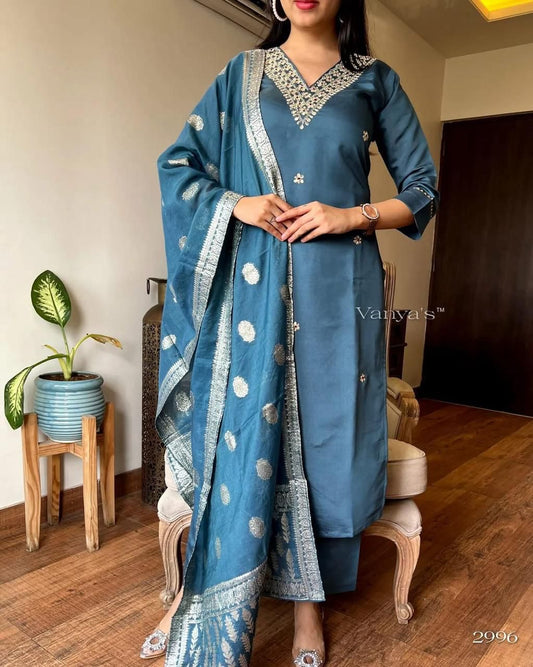 Sky Blue Color Beautiful Summer Wear 3 pics Suit