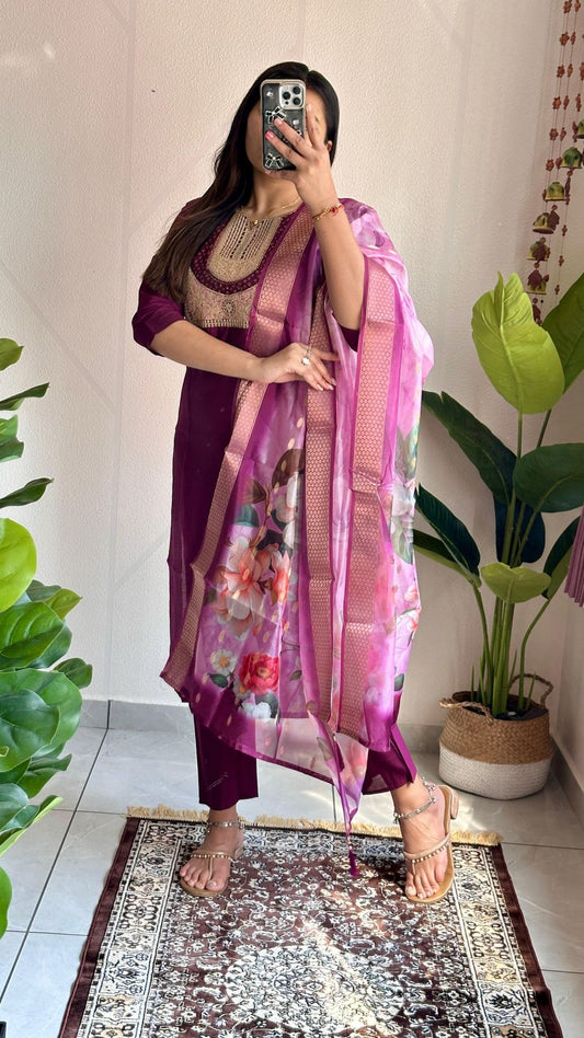 Designers Kurti Pent Dupatta Set For Summer Wear in purple color