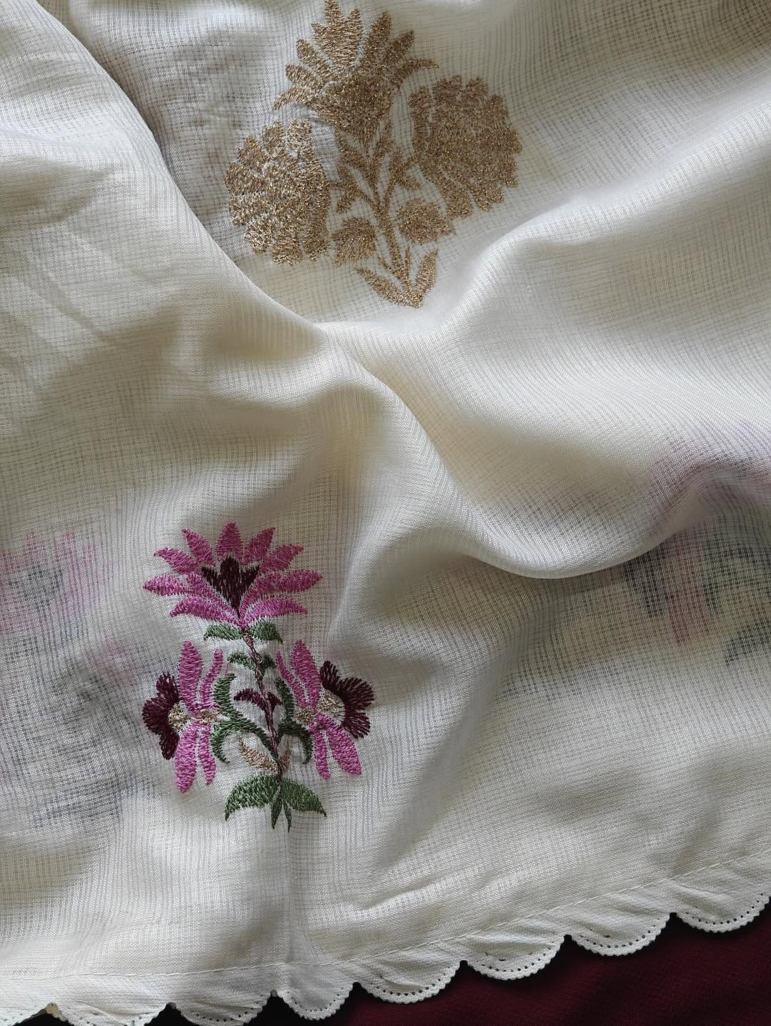 White Cream Color Beautiful Kota Cotton Fabric Saree