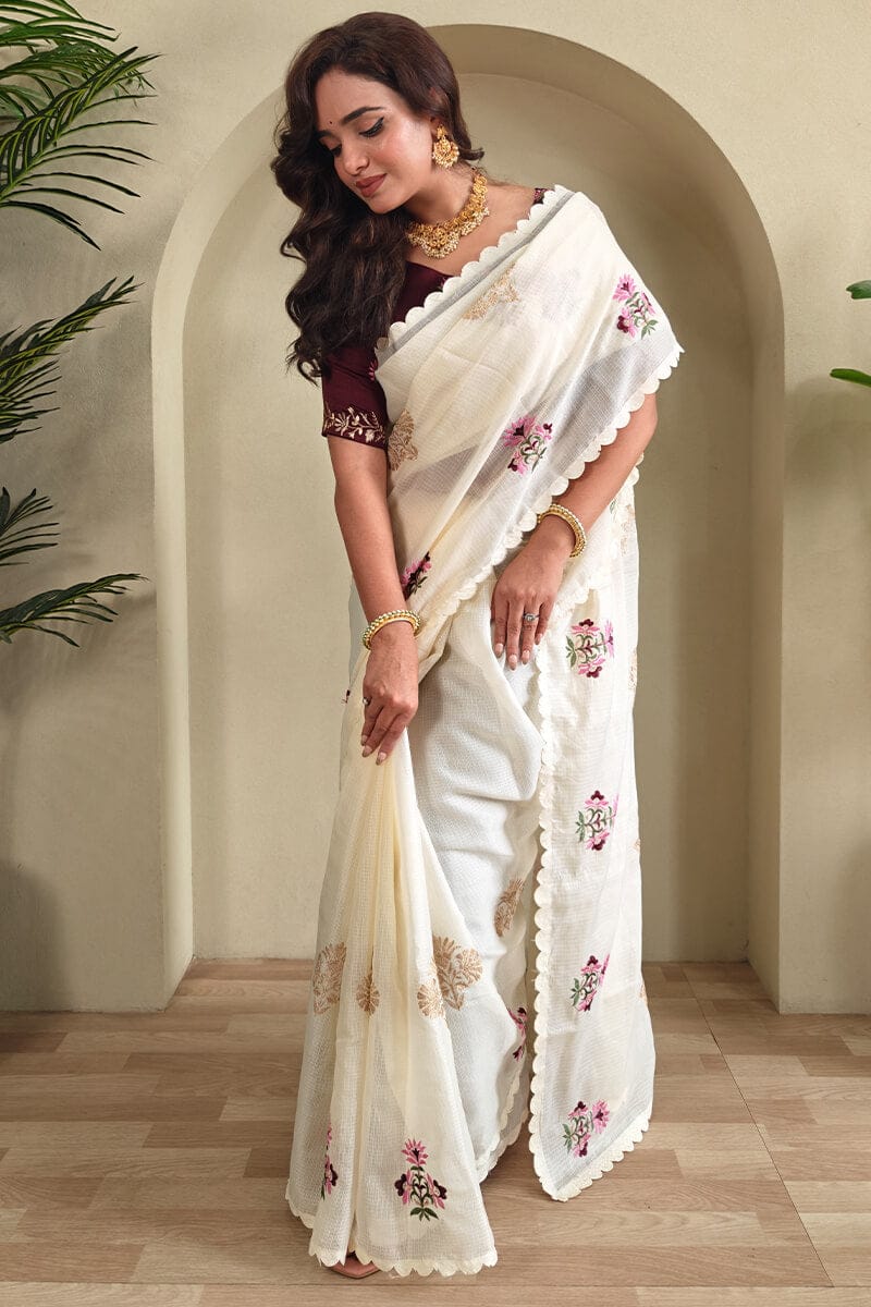 White Cream Color Beautiful Kota Cotton Fabric Saree
